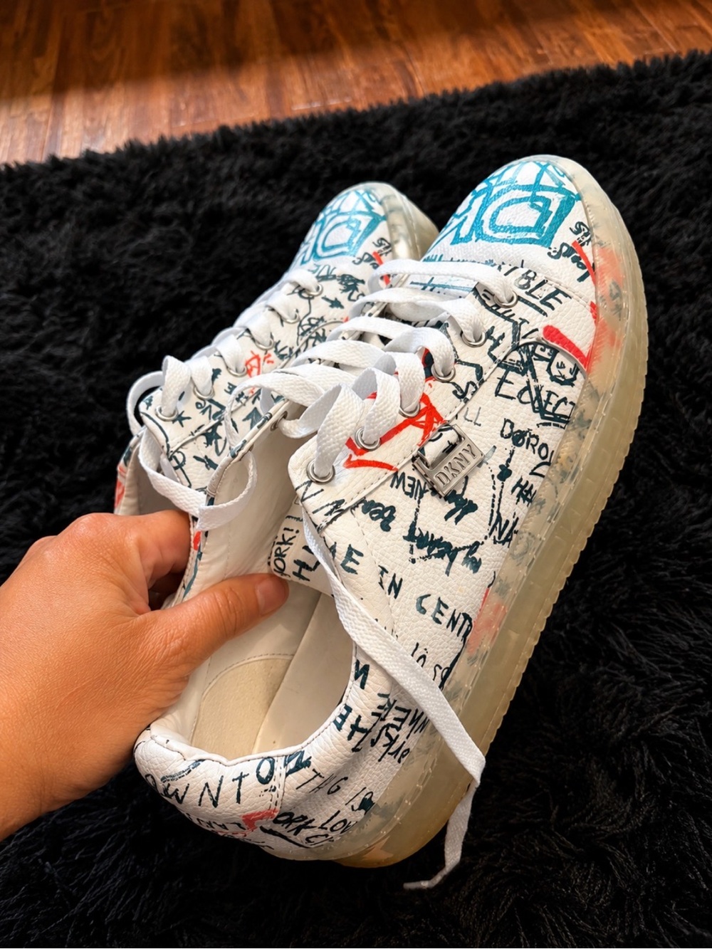DKNY Graffiti Print Platform Sneakers White Multicolor Women's Lace Up Shoes